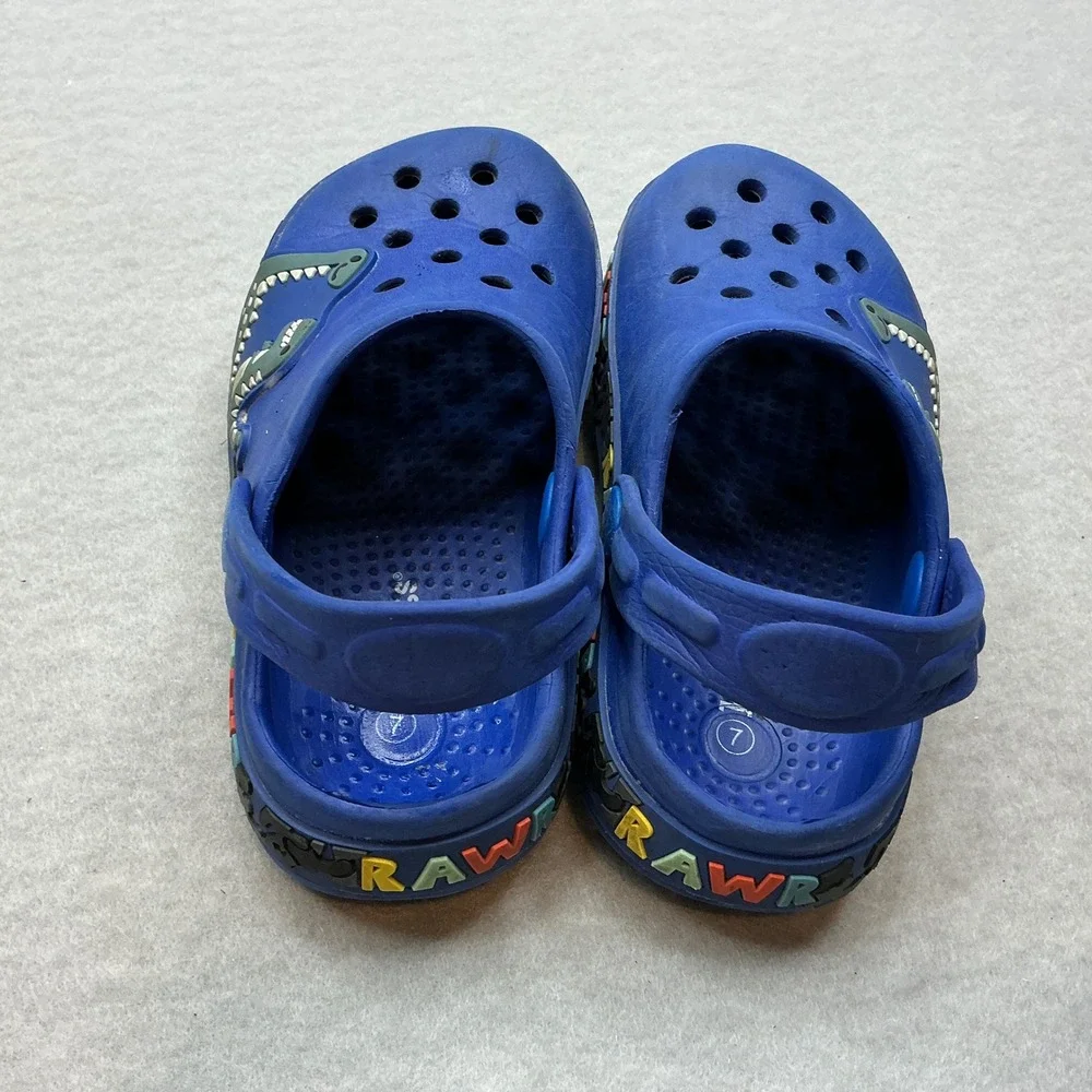 Kidgets Kids Dinosaur Clogs Blue RAWR‎ Graphic Size 7 Slip On Water Shoes